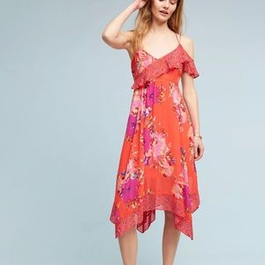 Anthropologie Ruffle Dress Red Floral Handkerchief Hem Dress size 8